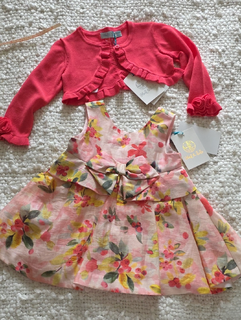 Abel & LULA Soft Linen Bow Front  dress with Coral Bolero set 12M